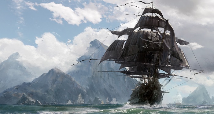 Pirate Ship with Skull and Bones Flag in Mountains 4K