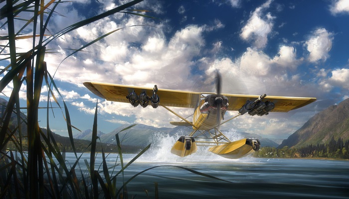 Yellow seaplane taking off from a lake in Far Cry 5 4K