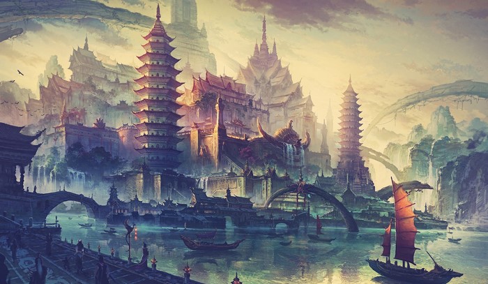 Mystical Asian Pagodas by Serene Water