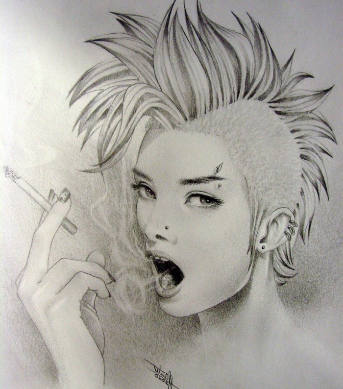 Punk girl smoking a cigarette, pencil sketch