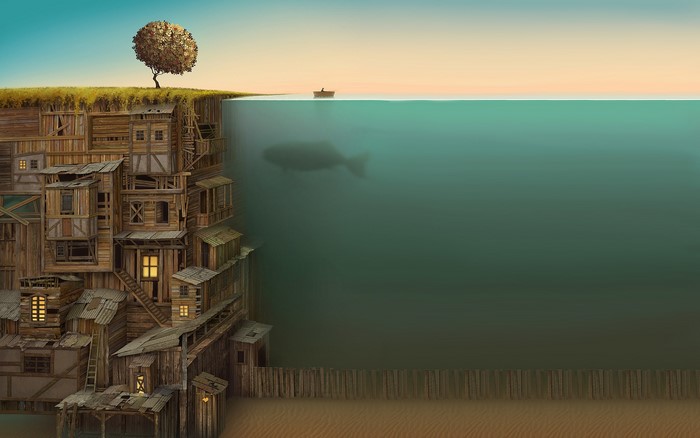 Surreal split view of a cliffside village and underwater world