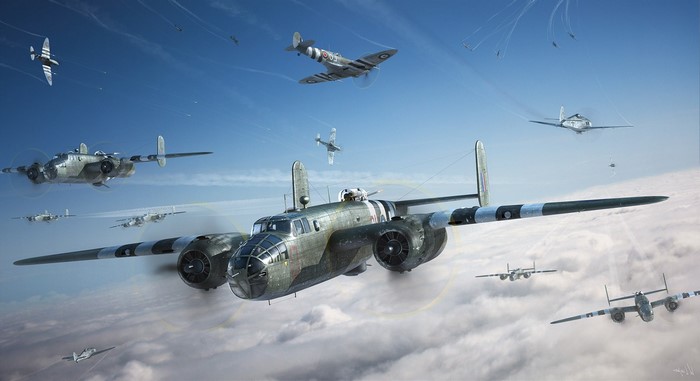 World War II bombers and fighters in formation