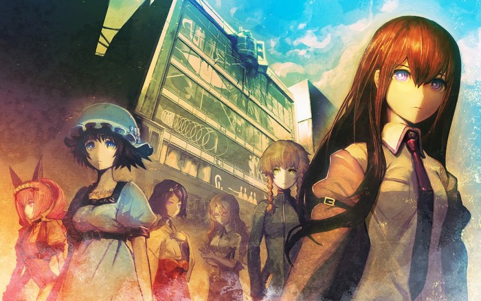Steins;Gate characters in front of a building