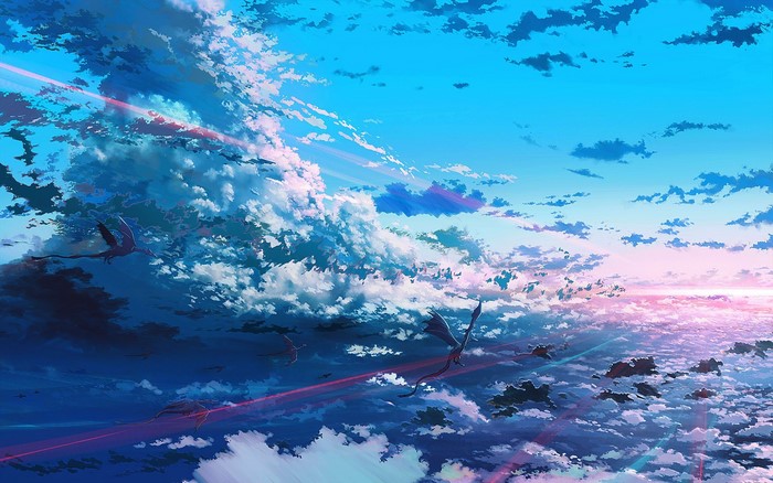 Dragons flying through a cloudy sky at sunset