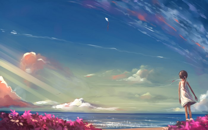 Anime girl flying a kite by the sea
