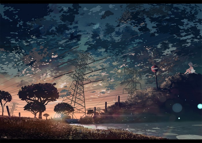 Anime girl by lake with power lines at sunset