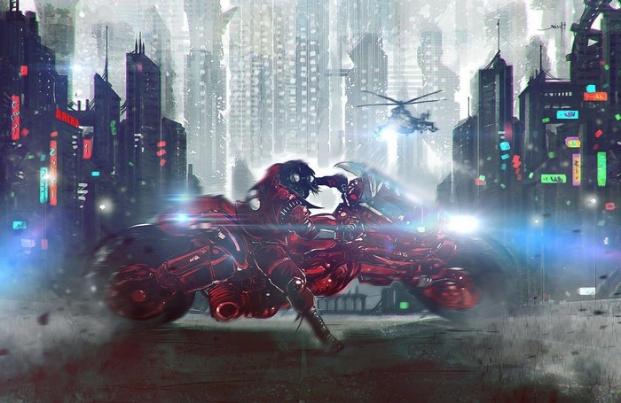 Kaneda's Bike from Akira in a Cyberpunk City