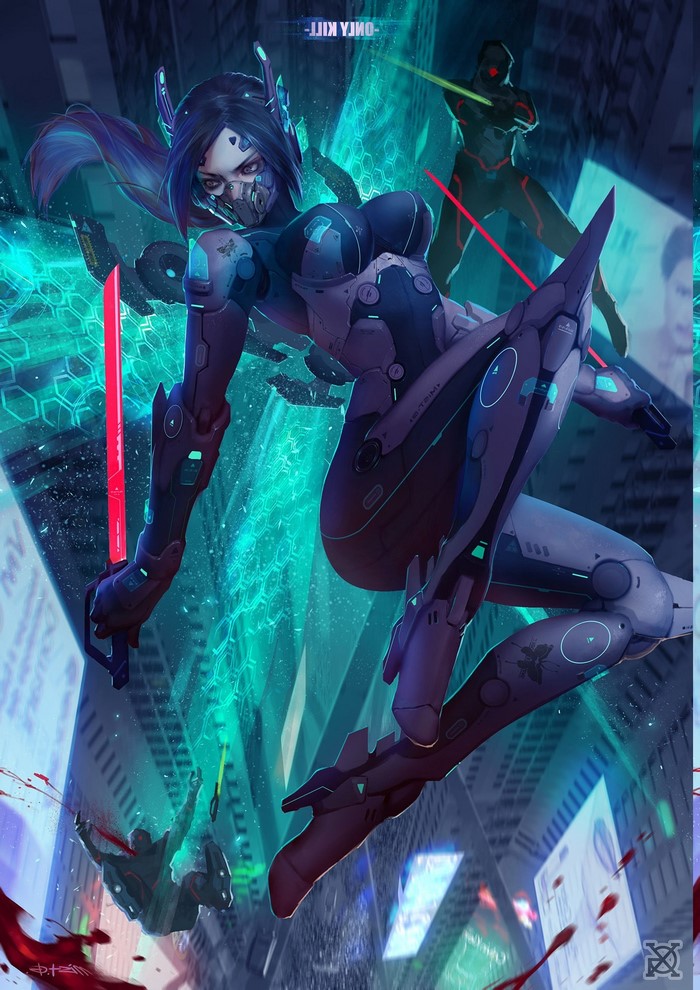 Cyberpunk warrior with katana in neon city