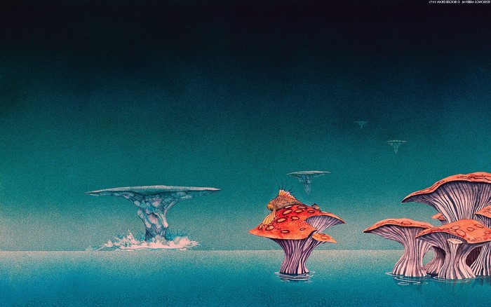 Fantasy landscape with mushrooms and floating islands