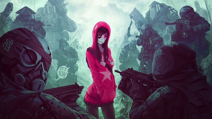 Anime girl in pink hoodie surrounded by soldiers