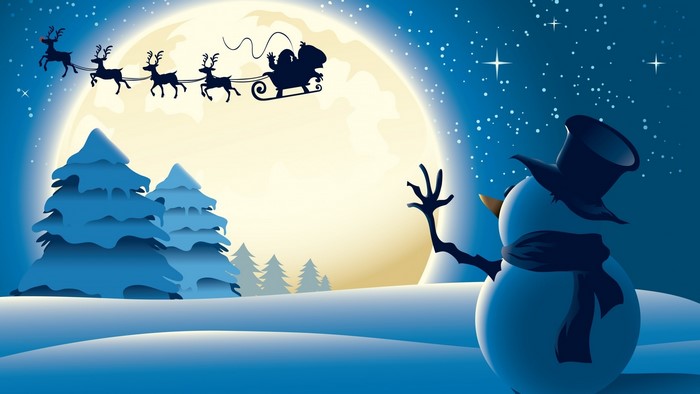 Santa Claus and reindeer flying over snowy landscape with snowman