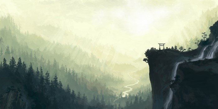 Misty Mountains with Torii Gate and Waterfall