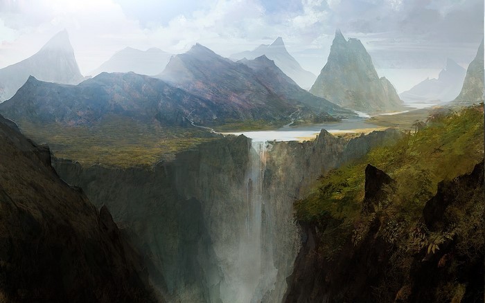 Waterfall in a mountainous landscape by Andree Wallin