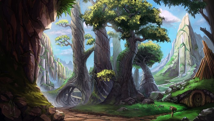 Fantasy forest landscape with hobbit hole and mountains