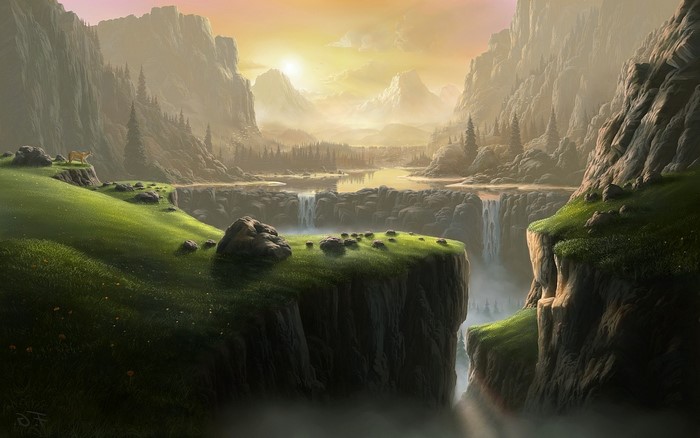 Fantasy landscape with waterfalls and mountains