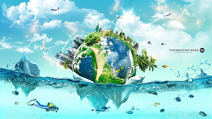Digital art of Earth with cities, nature, and underwater life