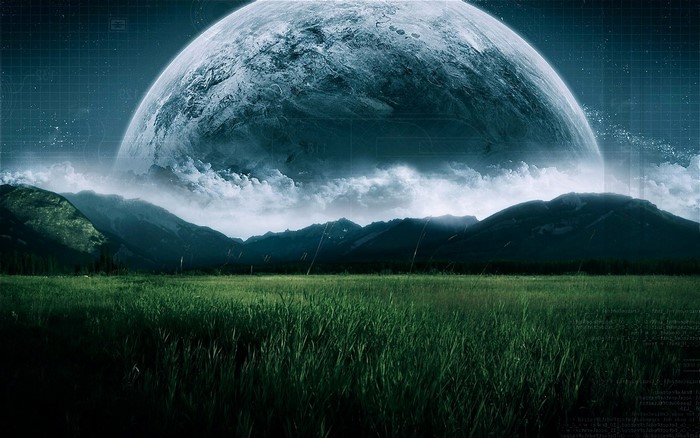 Mysterious Planet Rising Above Misty Mountain Field