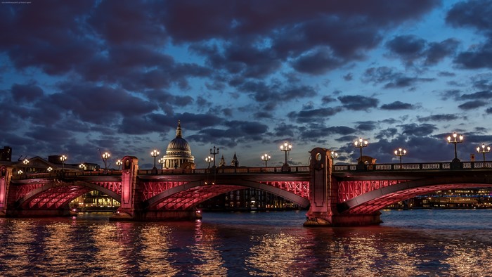 London city landscape at night with St. Paul's Cathedral and River Thames