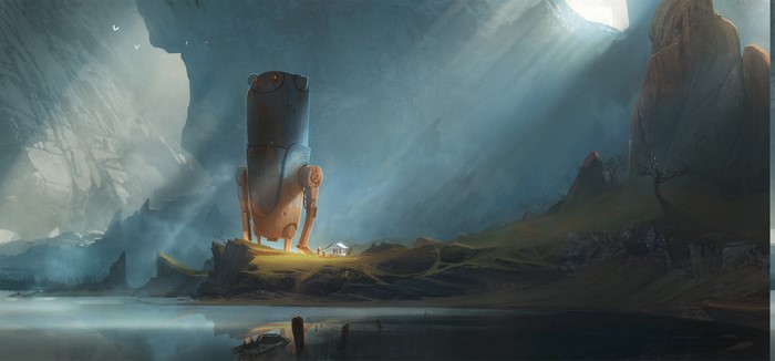 Giant robot and small house by a lake in a rocky landscape