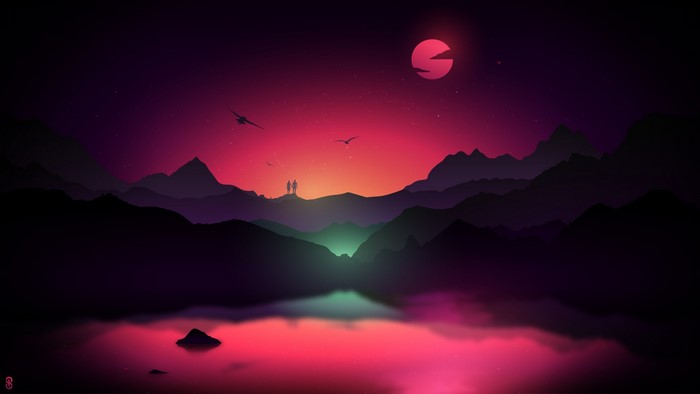 Digital art landscape of a valley at sunset