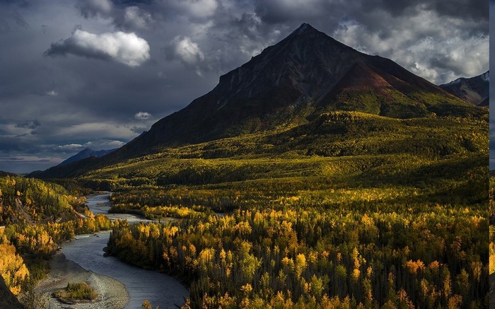 Alaska Mountain Landscape with River and Autumn Forest