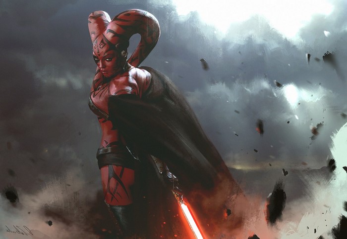 Darth Talon from Star Wars with a red lightsaber