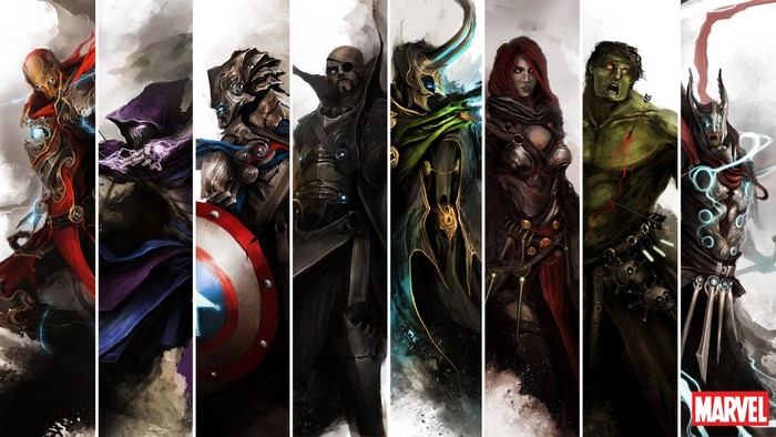 Marvel Heroes Artwork: Iron Man, Captain America, Nick Fury, Loki, Hulk, Thor