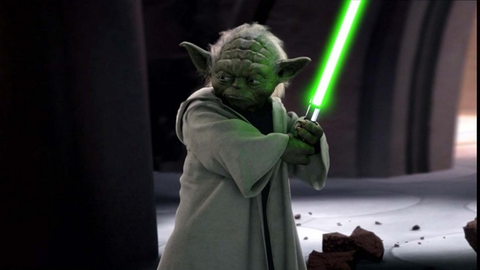 Yoda with Green Lightsaber in Dark Setting