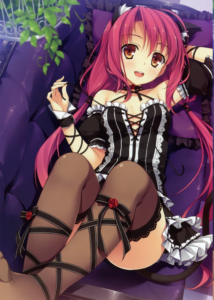 Anime girl with pink hair and cat ears on a couch