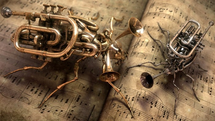 Musical insect creatures on sheet music