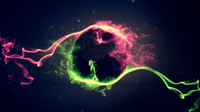 Abstract swirling pink and green smoke around a dark sphere