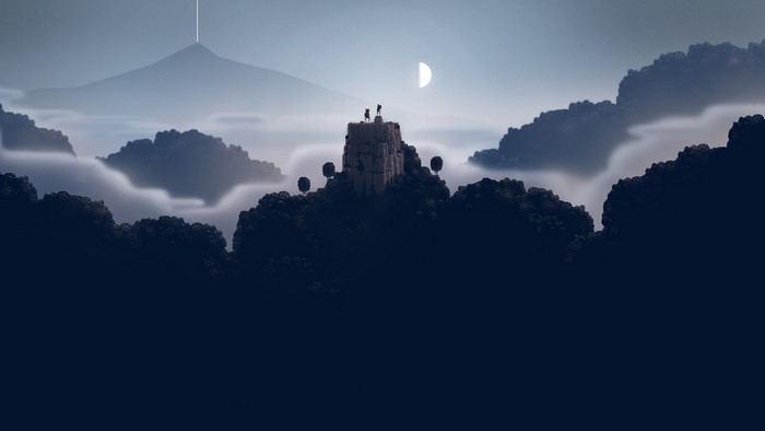 Two figures stand atop a stone structure in a misty mountain landscape