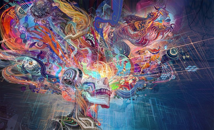 Abstract brain with colorful, chaotic energy and imagery