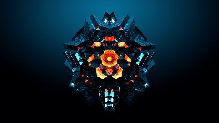 Abstract geometric digital art with glowing orange center