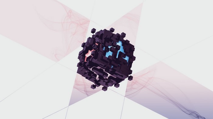 Abstract 3D cube made of smaller cubes with geometric background