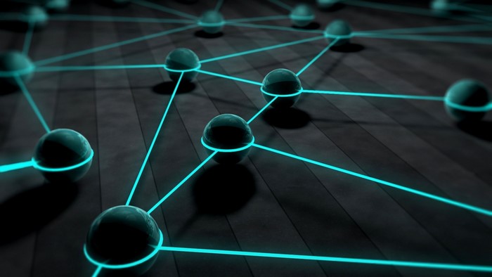 Abstract network of glowing spheres and lines