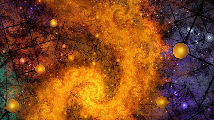 Abstract digital art with spirals and spheres