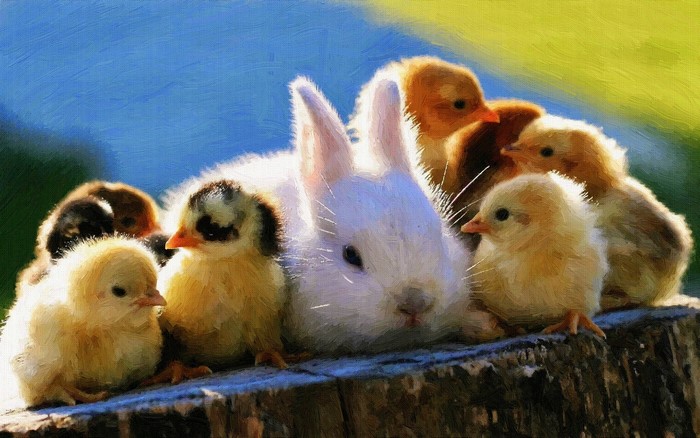 Painting of a white rabbit with baby chicks