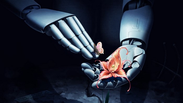 Robot hands holding a butterfly and a flower