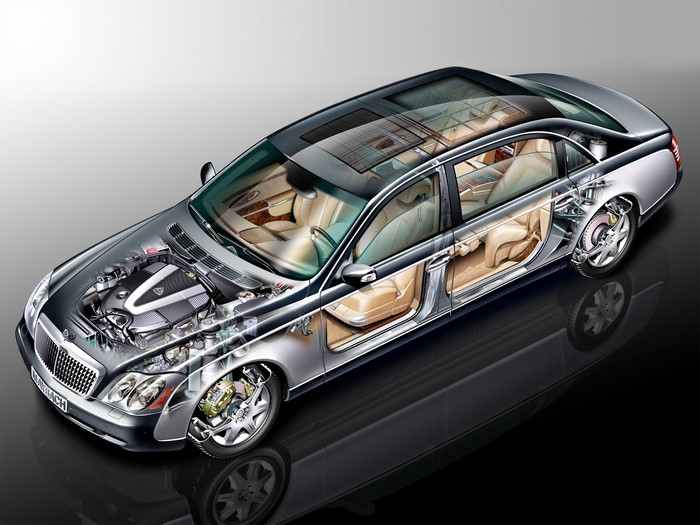 Maybach car cutaway showing engine, interior, and wheels