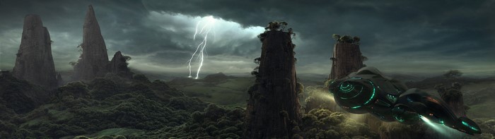 Fantasy art spaceship flying through stormy mountains