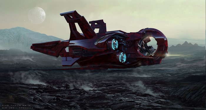 Red scout spaceship flying over alien landscape