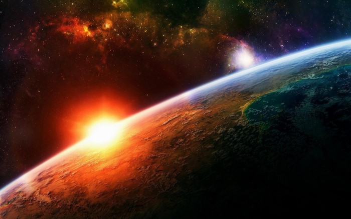 Sunrise Over Earth from Space with Stars