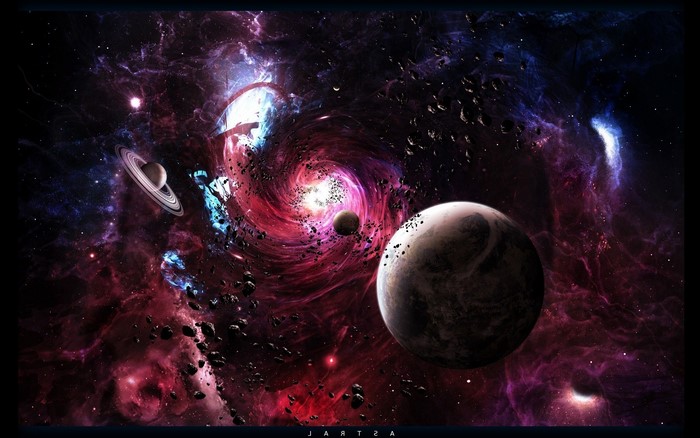 Space galaxy with planets and asteroids