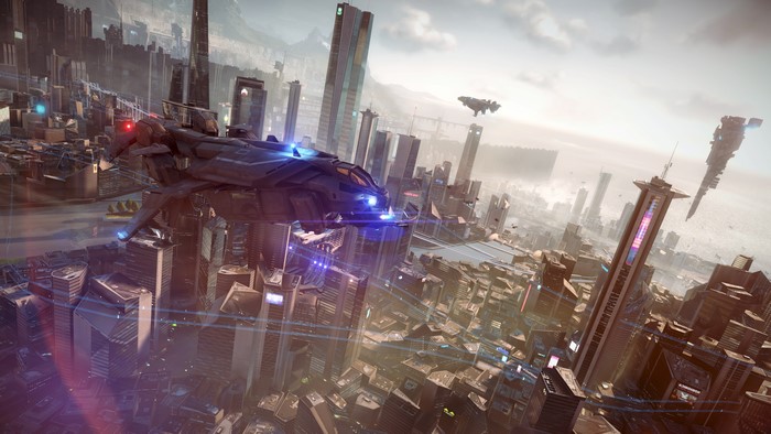 Spaceship flying over futuristic city in Killzone Shadow Fall