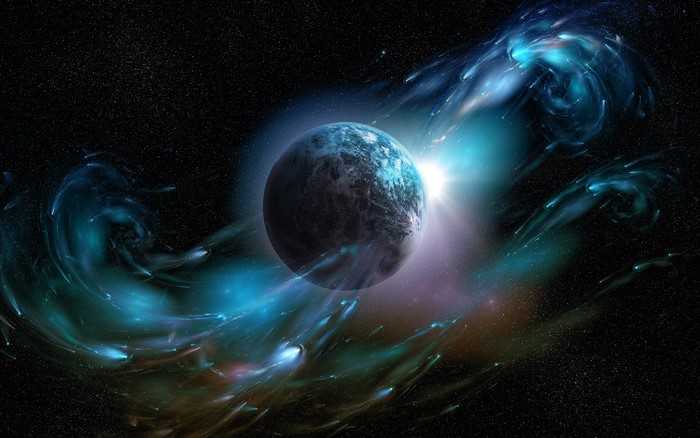 Mystical Blue Space Planet with Ethereal Nebulae