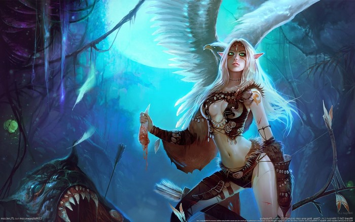 Elf woman with wings and a monster
