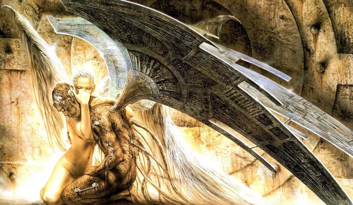 Angel comforting a cyborg man with mechanical wings
