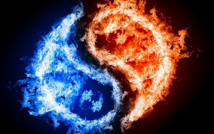 Fiery Yin and Yang Symbol with Water and Fire Elements