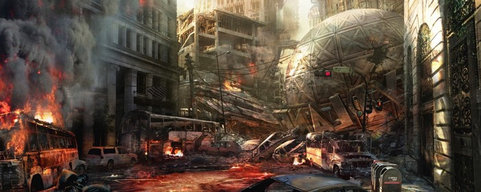 Apocalyptic city destruction with burning vehicles